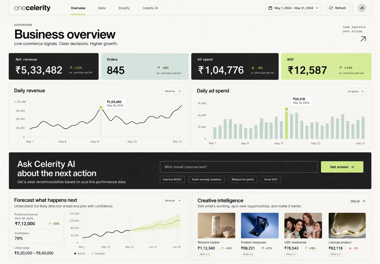 OneCelerity business overview with revenue, ad spend, forecasts and creative intelligence