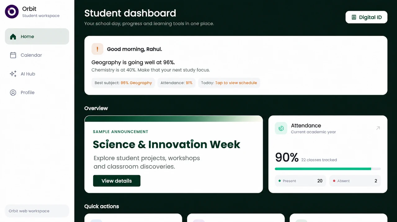 Orbit student dashboard with a clean sample announcement and attendance overview